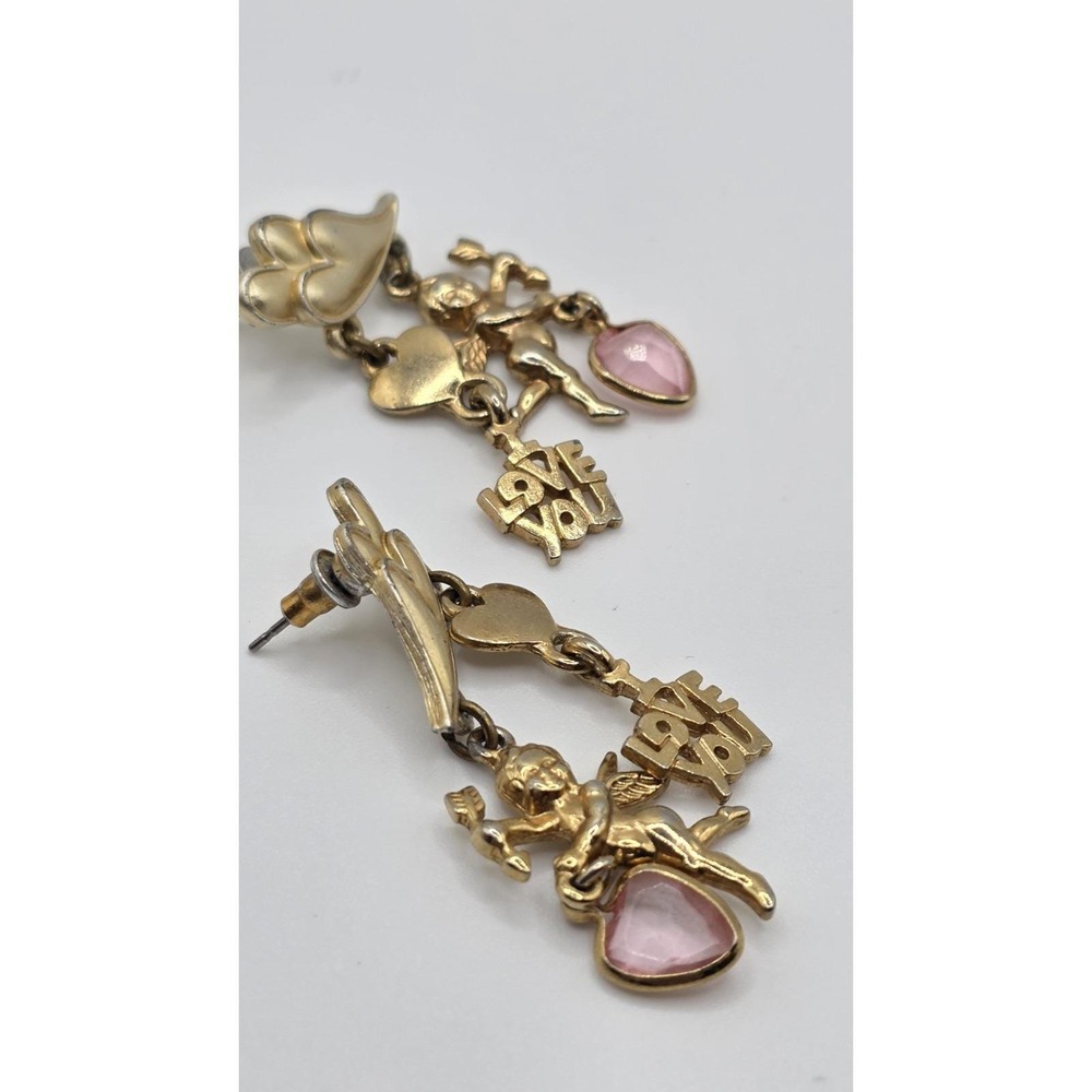 Cupid Gold Tone Angel Earrings Post Dangle Drop I Love You Pink Heart Statement